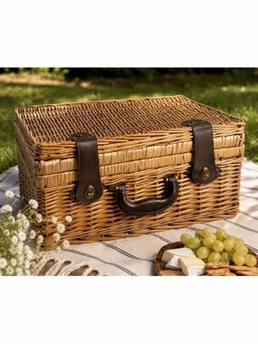 (VTG) Tan/Brown Insulated Woven Rattan Wicker Picnic Basket, OS